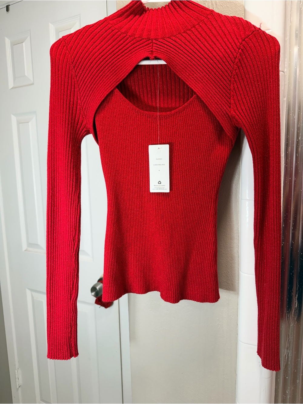 Pink Rose Red Ribbed Cutout Long-Sleeve Top
